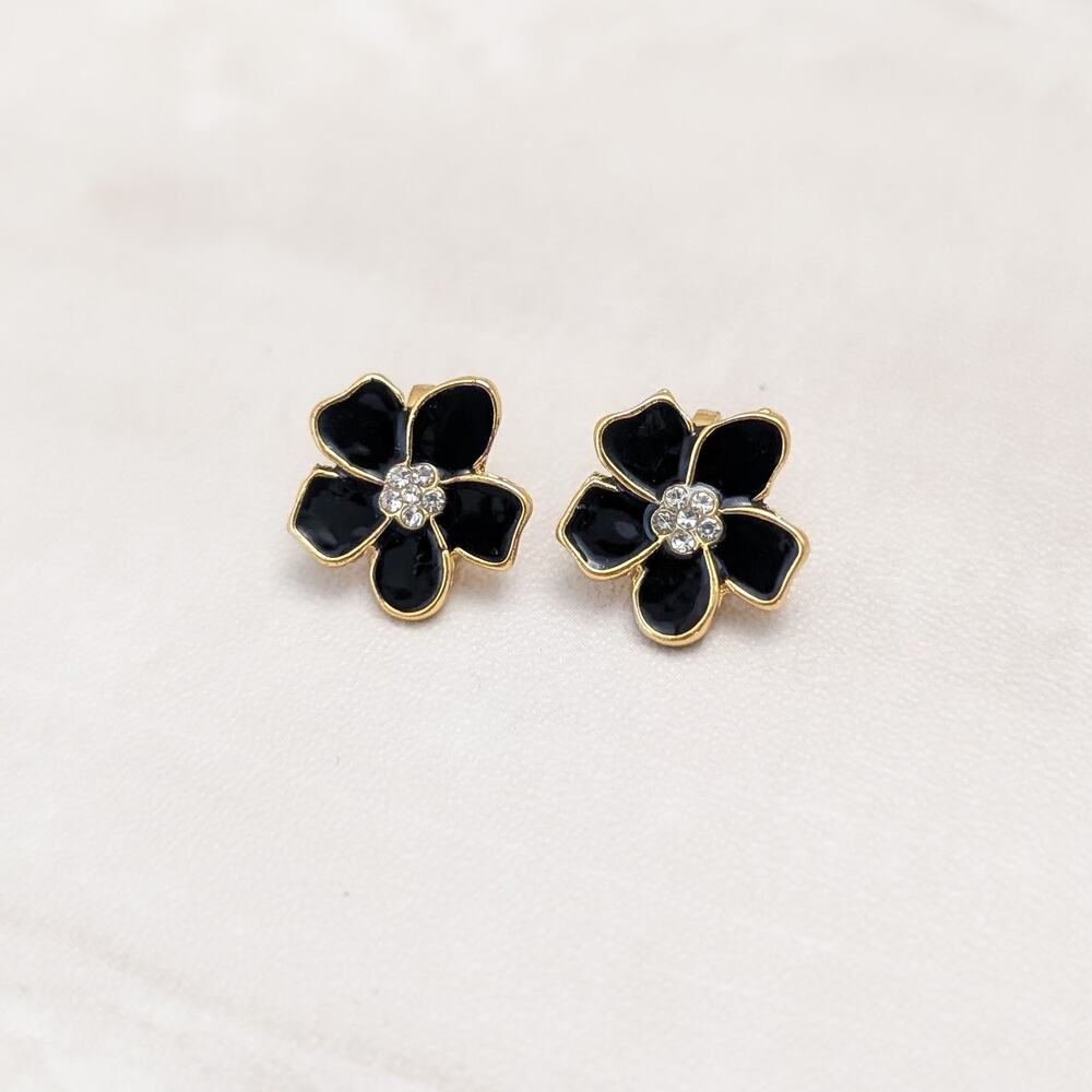 Black Enamel Small Flower Small with Clear Gem Accents Clip On Earrings